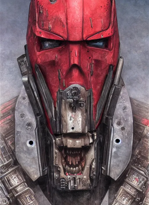 Image similar to portrait of rotten Nicolas Cage as adeptus mechanicus in red hood and robe from Warhammer 40000. Highly detailed, artstation, illustration by and John Blanche and zdislav beksinski and wayne barlowe