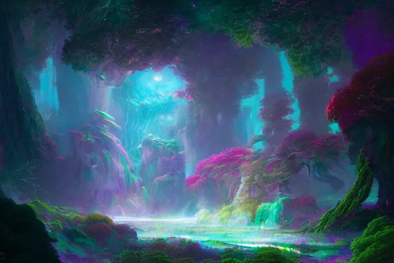 Image similar to a psychedelic realm hidden away in a pocket of ethereal understanding | astral beings sharing love | in the style of greg rutkowski | and wlop | and lisa frank | and bob ross | and ruan jia | illustration | epic | fantasy | hyper detailed | smooth | unreal engine | sharp focus | ray tracing