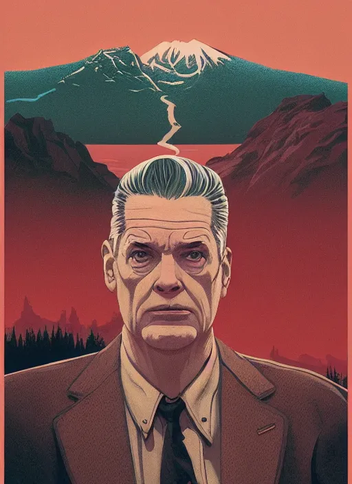 Prompt: Twin Peaks poster artwork by Michael Whelan and Tomer Hanuka, Rendering of portrait film camera from scene from Twin Peaks, full of details, by Makoto Shinkai and thomas kinkade, Matte painting, trending on artstation and unreal engine