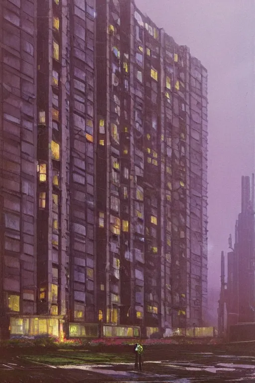 Image similar to cyberpunk, an estate agent listing photo, external view of a block of flats in the UK, by Paul Lehr
