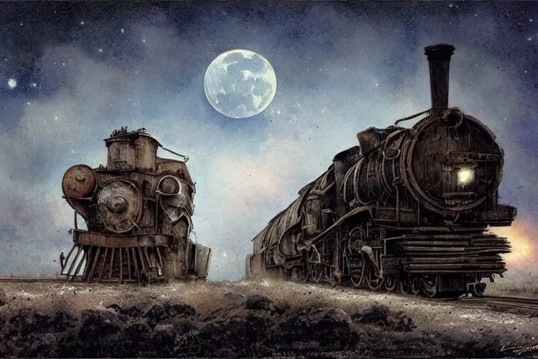 Image similar to an old locomotive, by jean - baptiste monge, eerie moon eclipse cinematic scenery