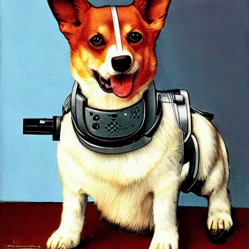 Image similar to Norman Rockwell portrait of corgi as Robocop, detailed, 4k