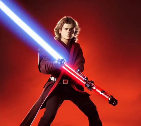 Image similar to anakin skywalker wielding a red lightsaber looking angrily into the camera, detailed, cinematic, raytracing, realistic