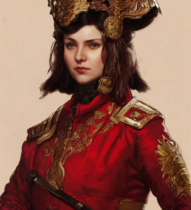 Image similar to portrait of a russian woman wearing a red traditional nineteenth century military jacket, metal shoulder pauldrons, intricate, highly detailed, digital painting, artstation, concept art, sharp focus, cinematic lighting, illustration, art by artgerm and greg rutkowski, alphonse mucha, cgsociety