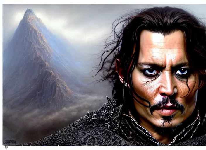 Prompt: wideangle!! portrait shot of johnny depp in the lord of the rings, intricate, elegant, highly detailed, centered, digital painting, artstation, concept art, smooth, sharp focus, illustration, artgerm, tomasz alen kopera, peter mohrbacher, donato giancola, joseph christian leyendecker, wlop, boris vallejo