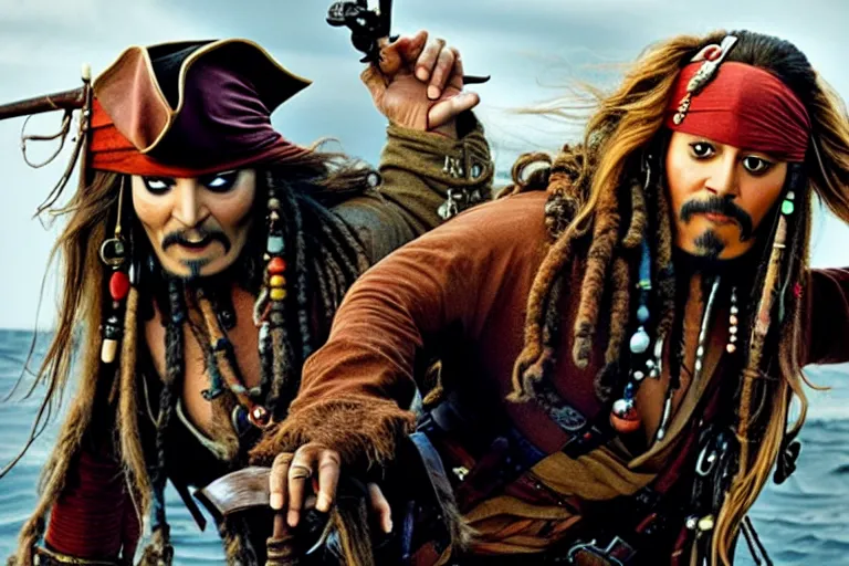 Image similar to A high quality movie still from the film Pirates of the Caribbean, starring Chewbacca as Jack Sparrow, alongside Keira Knightly