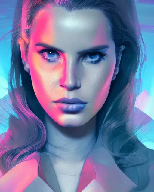 Image similar to portrait of lana del rey as a cyborg. intricate abstract. intricate artwork. by tooth wu, wlop, beeple, dan mumford. octane render, trending on artstation, greg rutkowski very coherent symmetrical artwork. cinematic, hyper realism, high detail, octane render, 8 k, iridescent accents