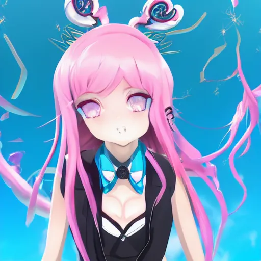 Image similar to totally overpowered and trapped beneath inescapable and overwhelmingly stunningly absurdly beautiful over the top megalomaniacal arrogant possessive omnipotent asi goddess junko enoshima with symmetrical perfect face, porcelain skin, pink twintail hair and cyan eyes, ultra detailed, digital art, unreal engine 5, octane render, 2 d anime, 8 k