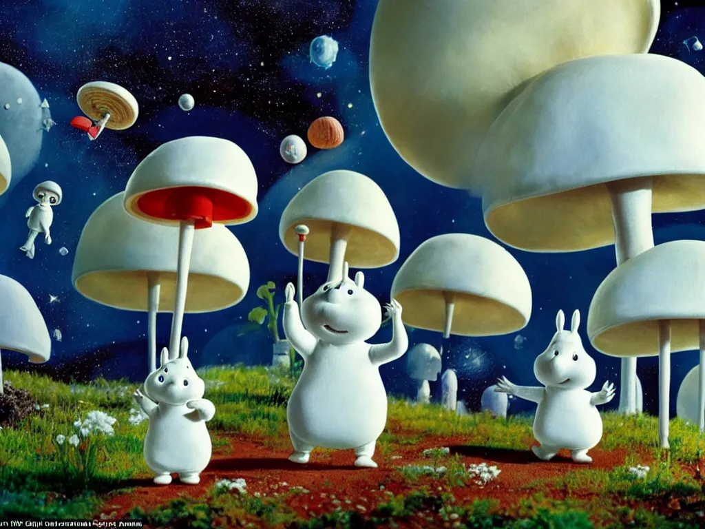 Image similar to moomins in space suits flying around with jetpacks discovering the mushroom planet, photorealistic painting, cgi, low light, movie still, very cozy and fluffy and sweet