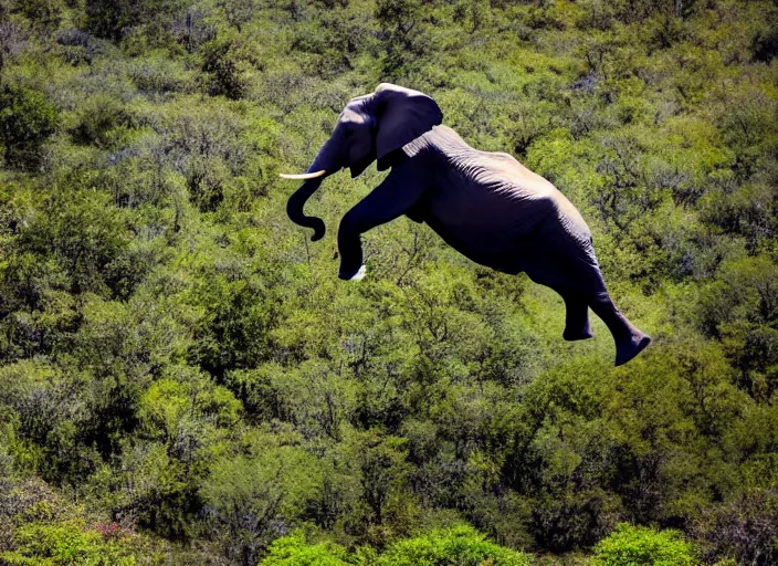 Image similar to dslr photo still of an elephant leaping off a mountain flying through the air, 4 k, 1 2 0 mm f 1 6