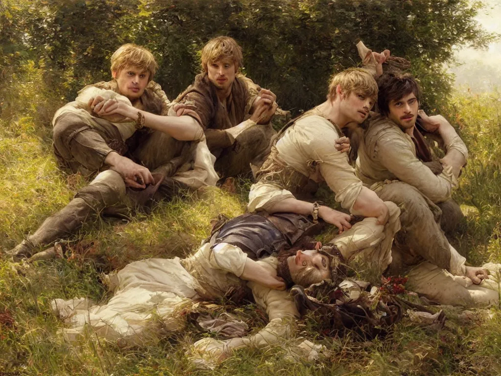 Prompt: attractive bradley james and attractive colin morgan, the 2 of them go to a meadow to have a picnic. highly detailed painting by gaston bussiere, craig mullins, j. c. leyendecker 8 k