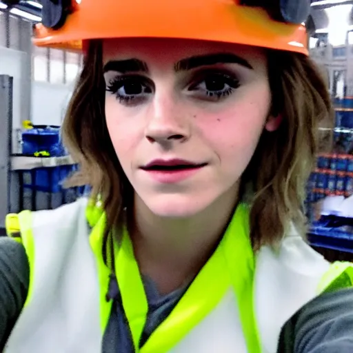 Image similar to photo, close up, emma watson in a hi vis vest, in warehouse, concerned expression, android cameraphone, snapchat story screenshot, 2 6 mm,