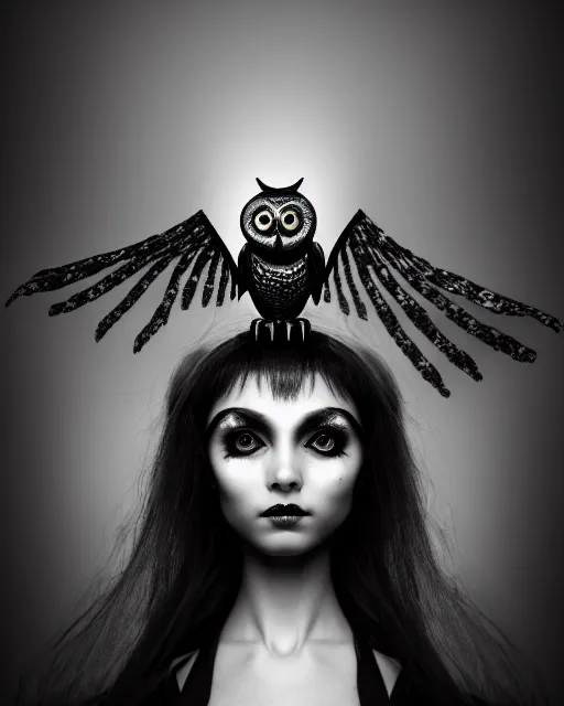 Image similar to surreal mythical dreamy dark artistic black and white fine art 3 / 4 fashion portrait photo of a young beautiful delicate female robot - witch - owl with orchid - doll face, rim light, cinematic, studio dramatic light, poetic, masterpiece, octane render, 8 k, photo - realistic by gustave dore hg giger