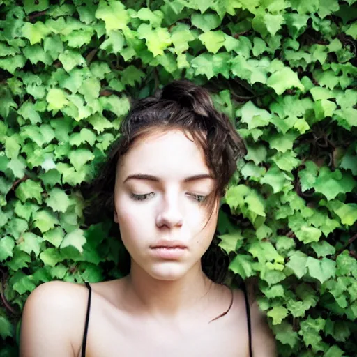 Prompt: “side profile of young woman with her eyes covered by vines”