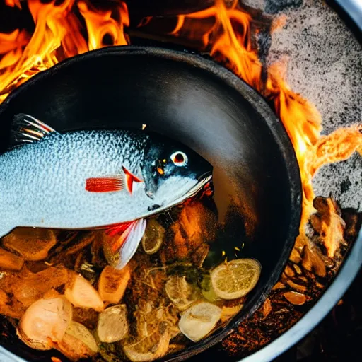 Image similar to holding a skillet with a fish inside above a small garbage fire, first person view, pov, 40mm photo