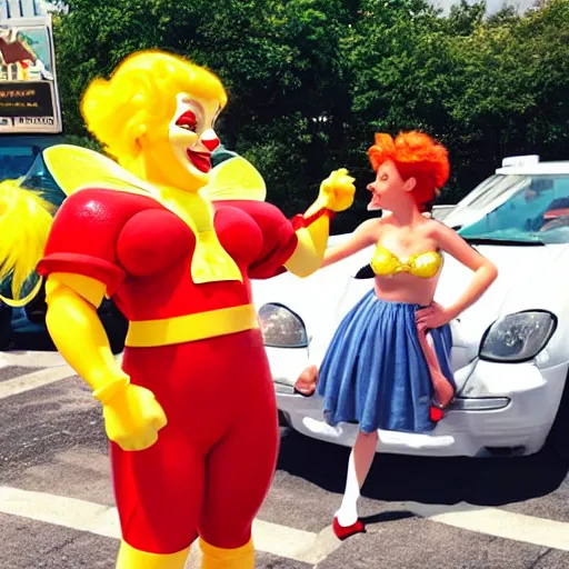 Image similar to ronald mcdonald fighting tinkerbell in a parking lot