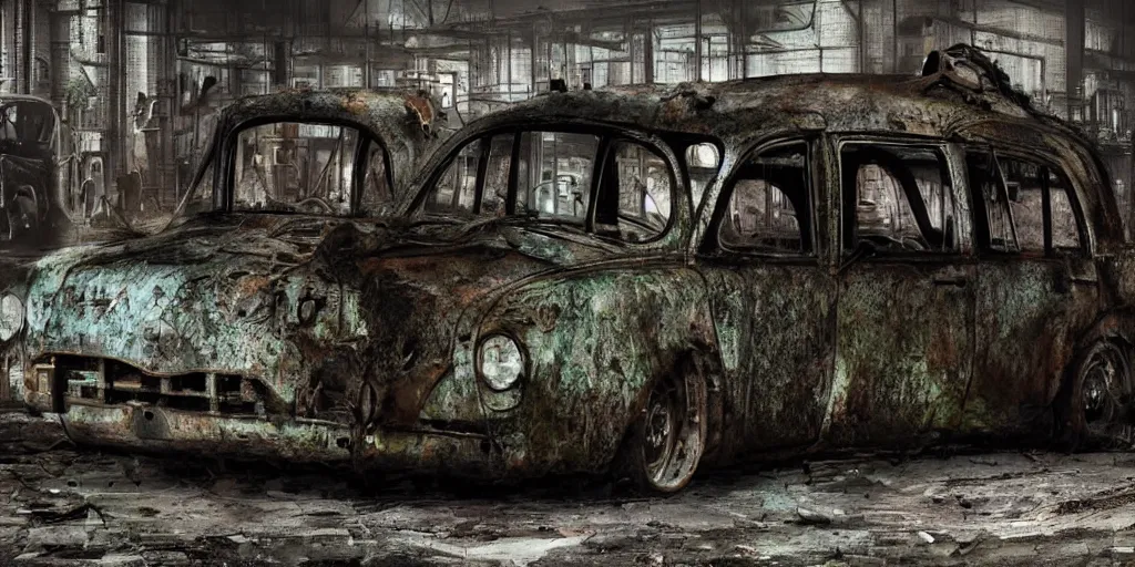 Image similar to close up of a car in an old industrial car factory, a ghostly figure is walking between the broken cars, everything is rusted and broken and covered in moss, night time low light, spooky and scary atmosphere, artstation,