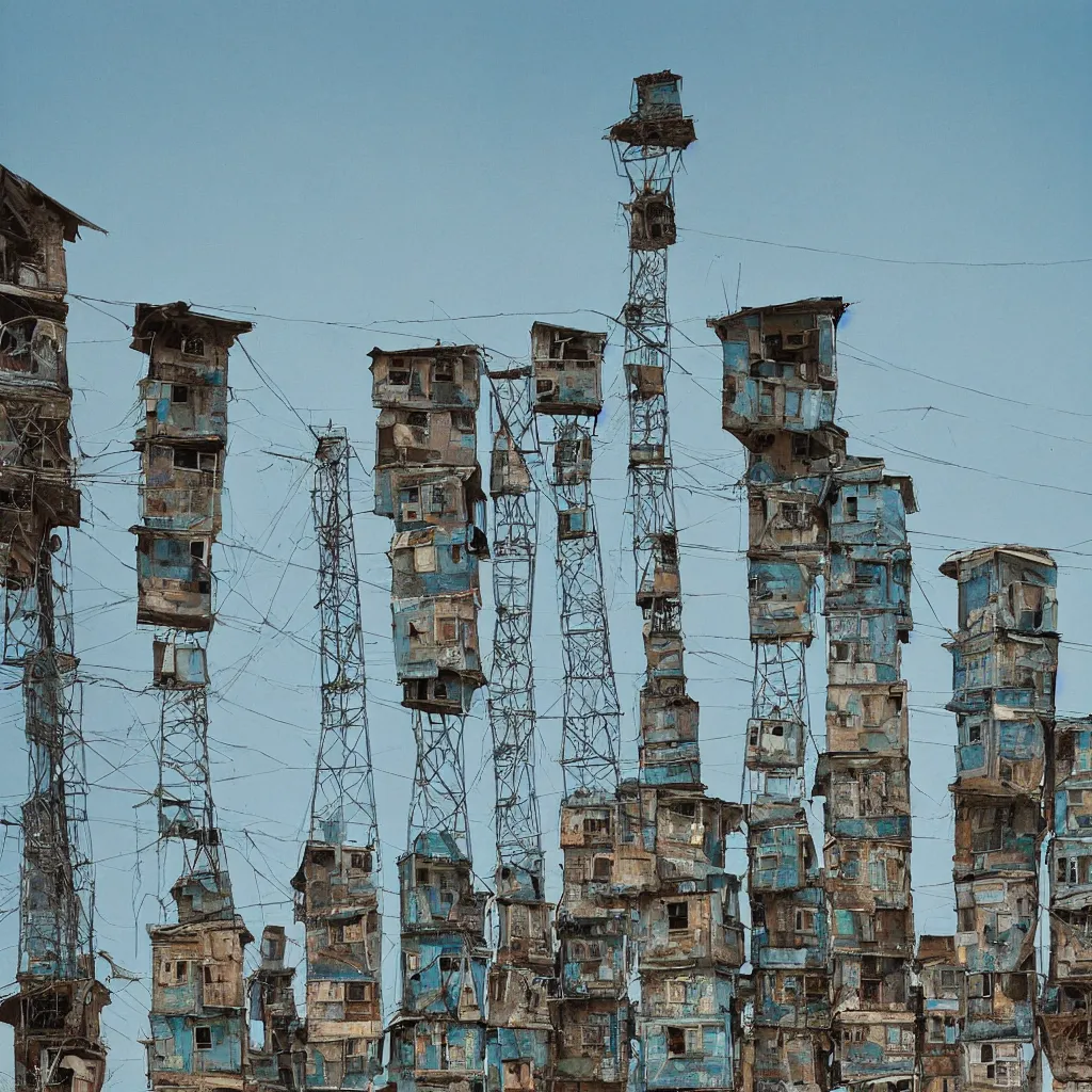 Prompt: close - up towers made up of makeshift squatter shacks with faded colours, plain uniform light blue sky, dystopia, mamiya, very detailed, ultra sharp, photographed by john chiara