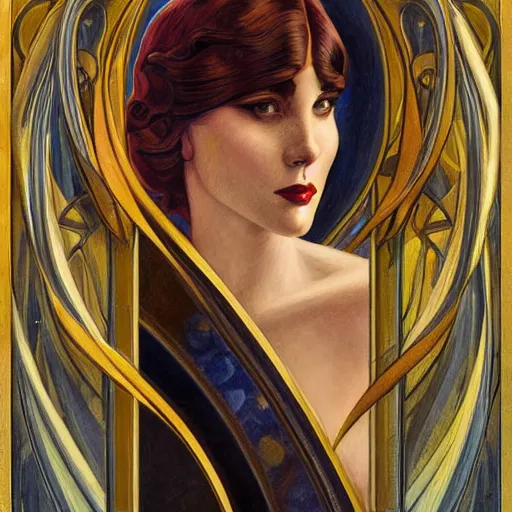 Image similar to a streamline moderne art nouveau painting in the style of donato giancola, and in the style of charlie bowater, and in the style of charles dulac. symmetry, smooth, sharp focus, semi - realism, intricate ultra fine detail.