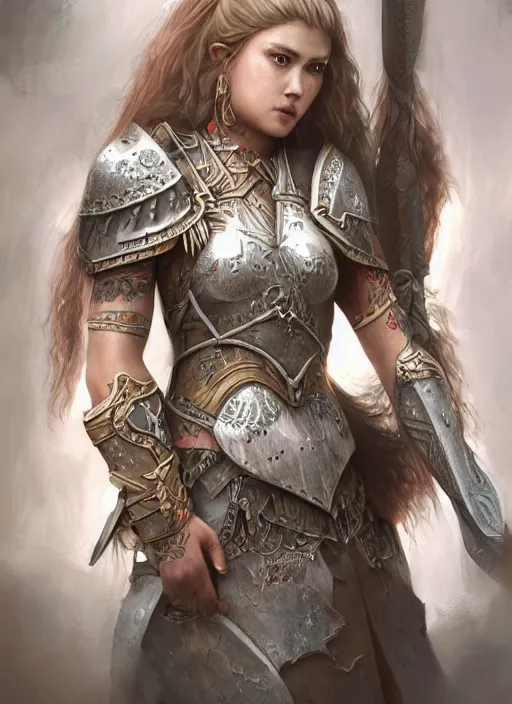 Image similar to detailed realistic character concept illustration pastel painting of a warrior princess in detailed clothing, insanely detailed and intricate, octane render, sss, postprocessing