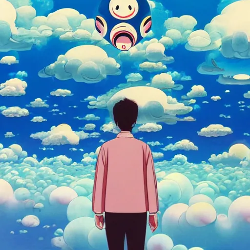 Image similar to a man walking on clouds above kyoto by takashi murakami, beeple and james jean, aya takano color style, 4 k, super detailed