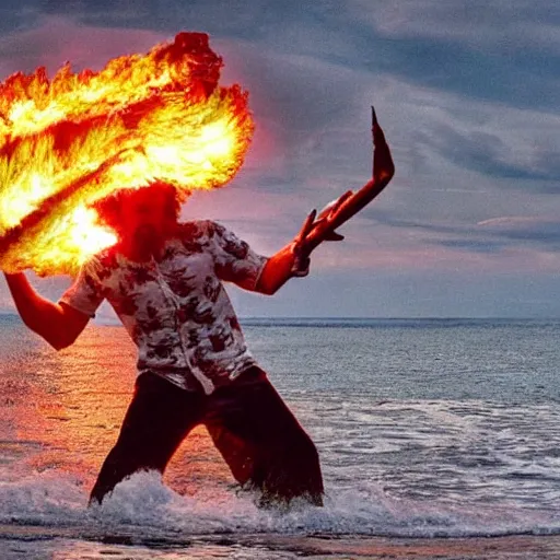 Image similar to jovanotti fighting a giant flaming enemy crab on a beach