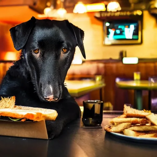 Image similar to dog eating a sandwich in a bar on an alien planet, cyberpunk