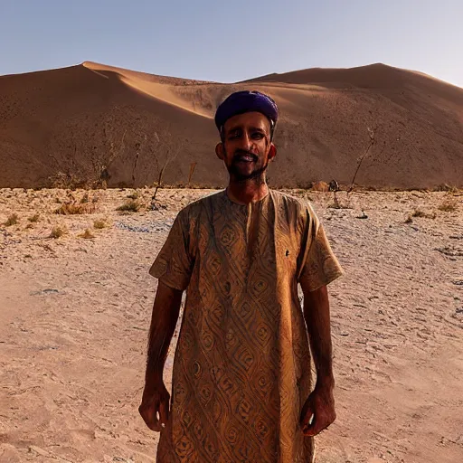 Prompt: realistic photo of omani man wearing traditional clothes standing in a desert