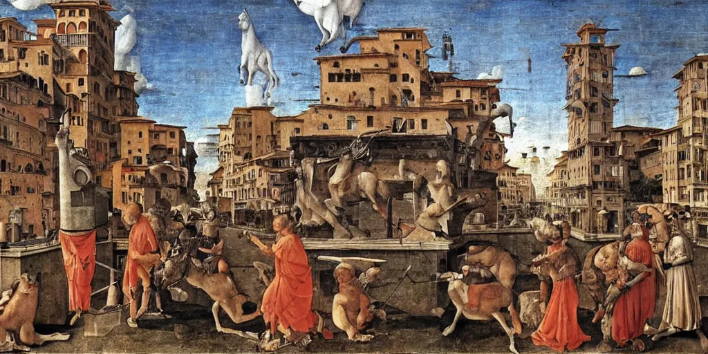 Image similar to unicorn in a futuristic cyberpunk town. By Filippino Lippi, highly detailed