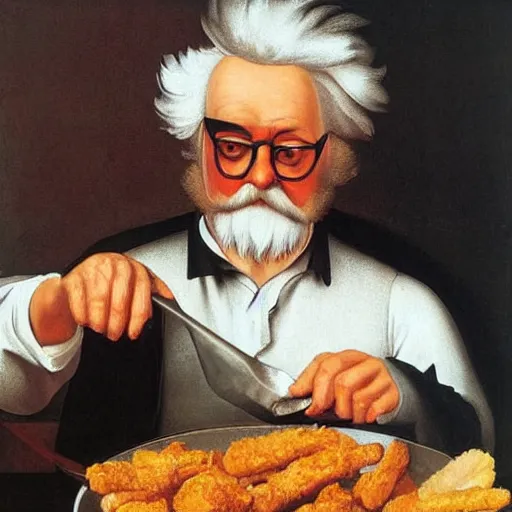 Image similar to Colonel Sanders eating cooking fried chicken in a deep fat fryer. Painted by Caravaggio, high detail