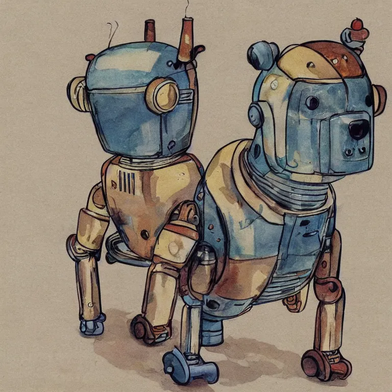 Image similar to a cute retro robot dog. alcohol inks on parchment, muted colors, detailed, beautiful, textured parchment background, 1 9 5 0 s concept art