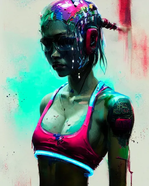 Image similar to detailed portrait Neon boxer Girl, cyberpunk futuristic neon, reflective crop top and shorts, boxing gloves, decorated with traditional Japanese ornaments by Ismail inceoglu dragan bibin hans thoma greg rutkowski Alexandros Pyromallis Nekro Rene Maritte Illustrated, Perfect face, fine details, realistic shaded, fine-face, pretty face