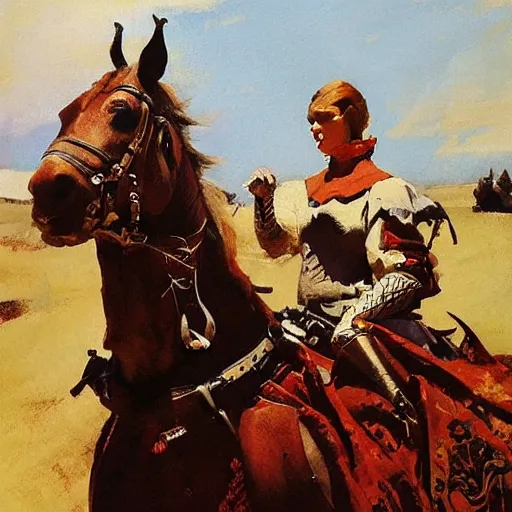 Prompt: portrait of woman wearing medieval clothing on horseback galloping, detailed by greg manchess, craig mullins, bernie fuchs, walter everett