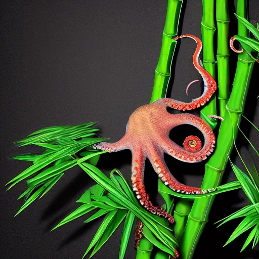 Image similar to an octopus wrapping his tentacles around a lucky bamboo plant black background