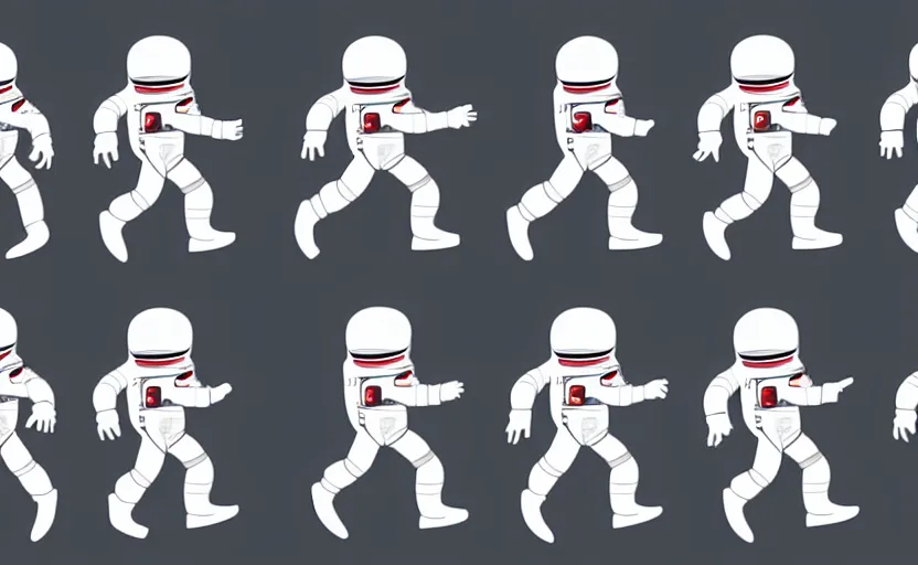 Prompt: 4 frame walk cycle of a cartoon astronaut, walk cycle animation sheet