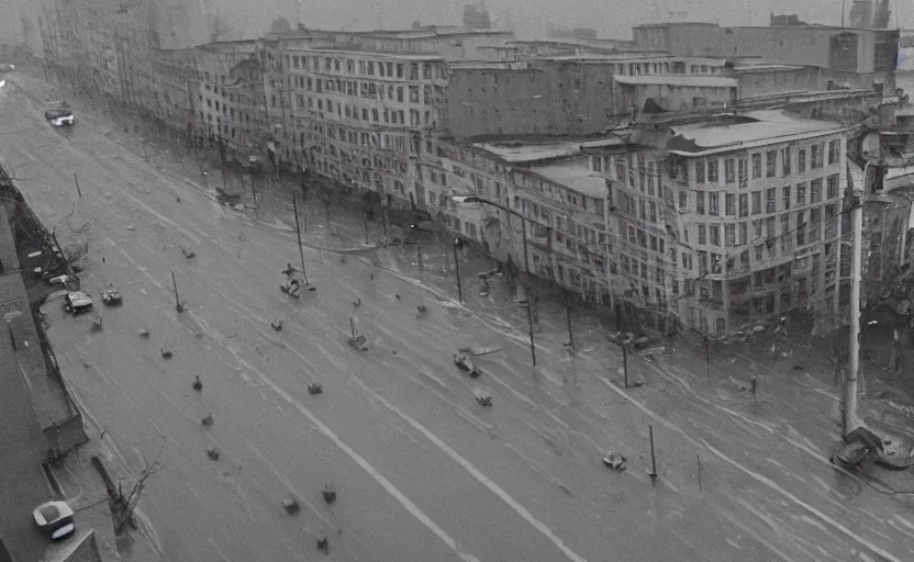 Image similar to 40s aerial historic footage of a sovietic street with pedestrians, top shot , aerial photograph Cinestill 800t 18mm, heavy grainy picture, very detailed, high quality, 4k panoramic, billboards and streetlight at night, rain, mud, foggy