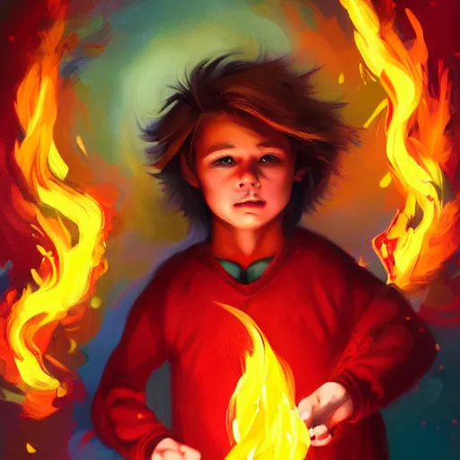 Image similar to colorful and festive captivating young child boy, brown long fluffy hair, wearing red and yellow hero suit, shooting a fire sphere out of his fist. full body, rich vivid colors, ambient lighting, dynamic lighting, 4 k, atmospheric lighting, painted, intricate, highly detailed by charlie bowater