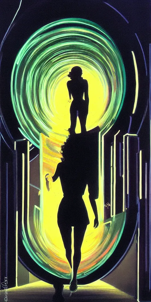 Image similar to a beautiful painting of a person walking out of a stargate by syd mead 8 k particulate neon light film grain