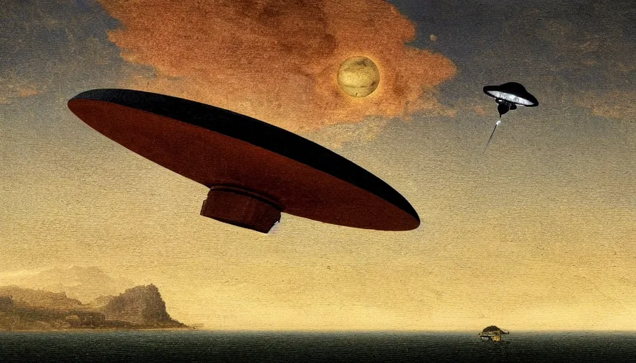 Prompt: an ufo on top of the weeknd by da vinci, digital art, classical painting, sharp focus, sunset beach, 4 k, restored