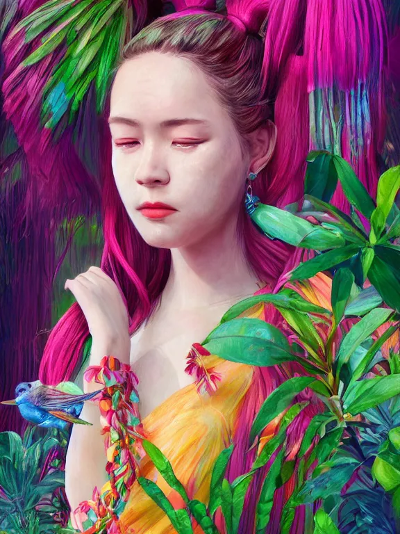 Prompt: beautiful portrait of a Subtropics minority female wearing fantastic Hand-dyed cotton dress, decorative fringe, colorful pigtail,subtropical plants,subtropical flowers,subtropical birds,intricate, elegant, highly detailed, dim volumetric lighting, 8k,octane,post-processing,digital painting, trending on artstation, concept art, smooth, sharp focus, illustration,by Tom Bagshaw and Daniel Gerhartz and Albert Aublet and Lawrence Alma-Tadema and alphonse mucha