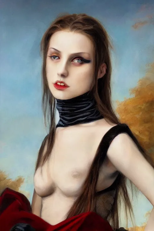 Image similar to hyperrealism oil painting, close - up portrait of european medieval brunette vampire fashion model, knight, steel gradient mixed with nebula sky, in style of baroque