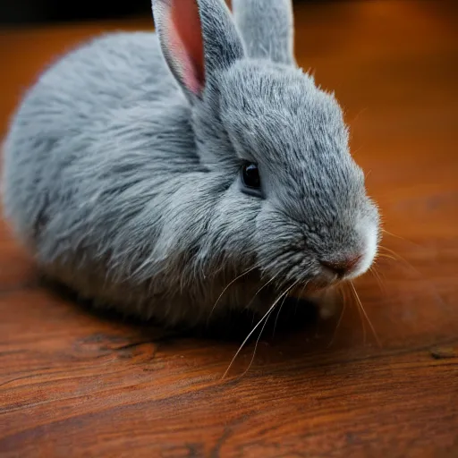 Prompt: a cute gray rabbit eating lettuce