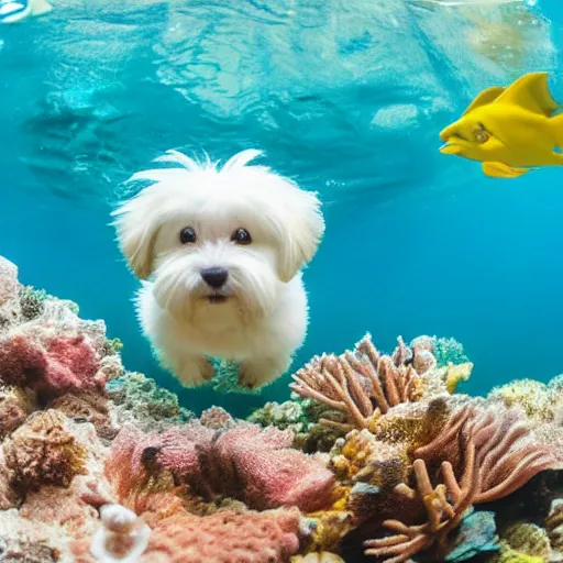 Prompt: a cream-colored havanese snorkeling in a tropical reef, gopro photo, 4k