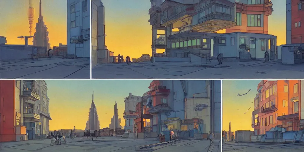 Prompt: fusion reactor, wonderous and magical, in an urban setting, sunset, by Studio Ghibli and Edward Hopper