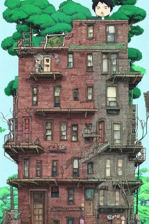 Image similar to (((((a ramshackle manhattan brick brownstone deep in the forest))))) by Studio Ghibli!!!!!!!!!!!!!!!!!!!!!!!!!!!