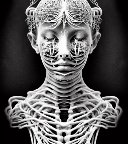 Image similar to dark background, a black and white high quality dreamy photo of a young beautiful female queen-vegetal-cyborg bust with a very long neck and delicate Mandelbrot fractal face, anatomical, facial muscles, veins, arteries, elegant, highly detailed, flesh highly baroque ornate, hair are curled wired cables, elegant, poetic, soft, dreamy, mysterious, high fashion, rim light, in the style of Ellen von Unwerth, Realistic, Refined, Digital Art, Highly Detailed, Cinematic Lighting, rim light, black and white, photo-realistic, 8K