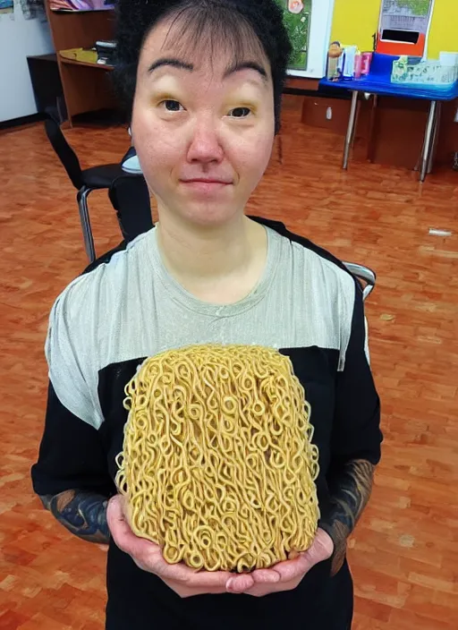 Image similar to teacher with hair made out of ramen,