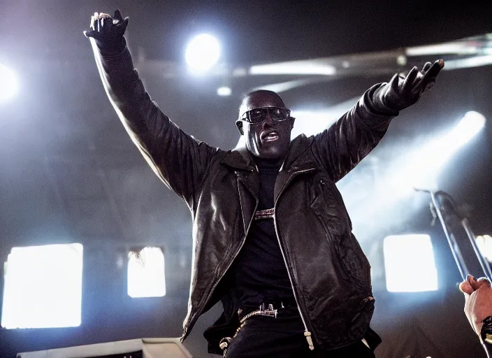 Image similar to photo still of wesley snipes from demolition man on stage at vans warped tour!!!!!!!! at age 3 3 years old 3 3 years of age!!!!!!!! stage diving into the crowd, 8 k, 8 5 mm f 1. 8, studio lighting, rim light, right side key light