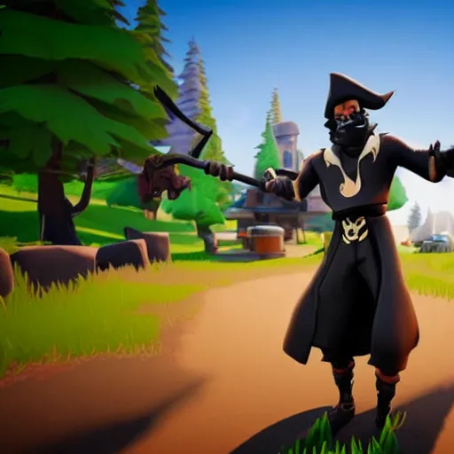 Image similar to an anthropomorphic black goat wizard in fortnite, black wizard robes, holding a gun