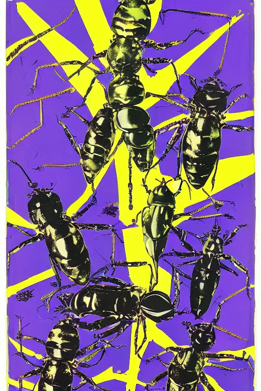 Image similar to mimmo rotella, violet polsangi, frank miller as return of ninja bugs by pop art, white frame